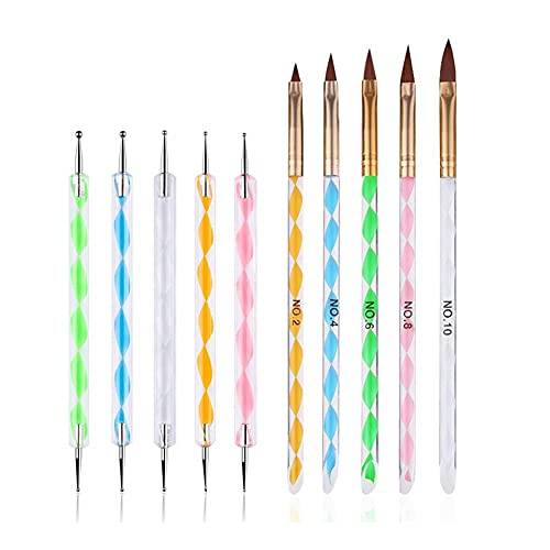 FULINJOY 5PCS Dotting Pens with 5PCS Acrylic Nail Brushes, Nail Art Design Tools UV Gel Acrylic Nail Brush Set (No. 2/4/6/8/10)