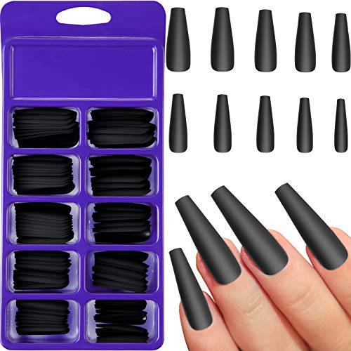 100 Pieces Matte Extra Long Ballerina Press on Nails Coffin False Nails Solid Color Full Cover Fake Nails Matte Coffin False Nails with Box for Women Girls Nail Decorations (Black)