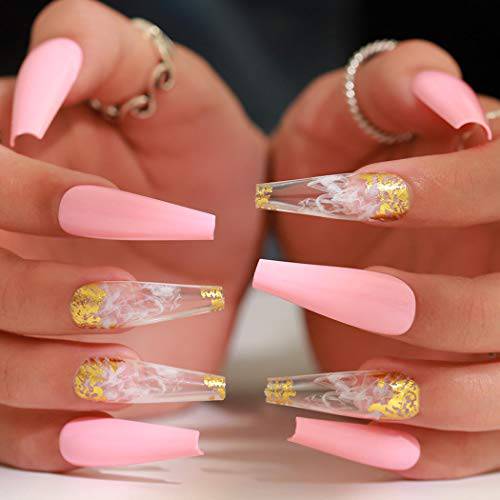 Outyua Smoke Pattern Fake Nails Pink Coffin Extra Long Press on Nails with Designs Glossy Ballerina Acrylic False Nails Stick on Artificial Nails 24Pcs (Pink)