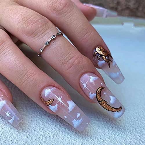 MISUD Extra Long Press on Nails, Coffin Fake Nails, Moon Clouds Cute False Nails, Glossy Acrylic Nails, Artificial Glue on Nails for Women and Girls 24Pcs