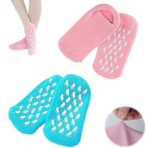 Moisturizing Gel Socks, Ultra-Soft Silicone Gel Socks Moisturizing Socks, Spa Gel Soften Socks for Dry Cracked Feet Skins, Gel Lining Infused with Essential Oils and Vitamins (2 Pair Blue+Pink)