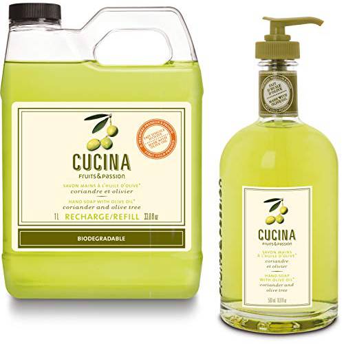 Fruits & Passion [Cucina] - Coriander & Olive Tree, Kitchen Liquid Hand Soap, Vegan-Friendly, Moisturizing Hand Wash in Glass Hand Soap Dispenser (16.9 fl oz) and Refill (33.8 fl oz)