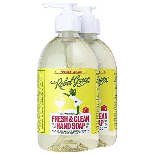 Rebel Green Liquid Hand Soap - Natural Hand Soap Pump Bottles - Bathroom & Kitchen Hand Soap - Hand Wash with Fresh Peppermint & Lemon Scent - (16.9 oz Bottles, 2 Pack)