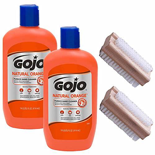 Gojo Soap Natural Orange Pumice Hand Cleaner Heavy Duty Cleaner Citrus Scented Scrub, 2 Bottles 14 OZ each [Total of 28 Oz.] with 2 compatible Sparklen Wooden Nail Brushes