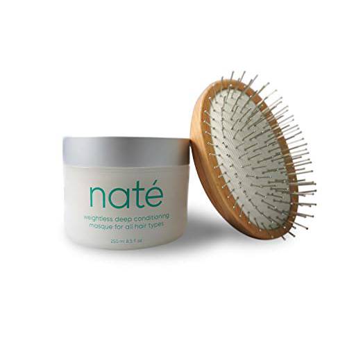naté Hair Mask with Detangling Brush Weightless Deep Conditioning with Aloe Vera, Pacific Seaweed and Kaolin Clay Treatment for All Hair Types