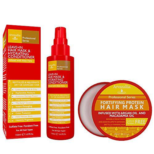 Arvazallia Fortifying Protein Hair Mask and Leave-in Hair Mask & Hydrating Conditioner Bundle - An Amazing Rinse-out Deep Conditioner & Hydrating Leave-in Conditioner Combo for Dry or Damaged Hair