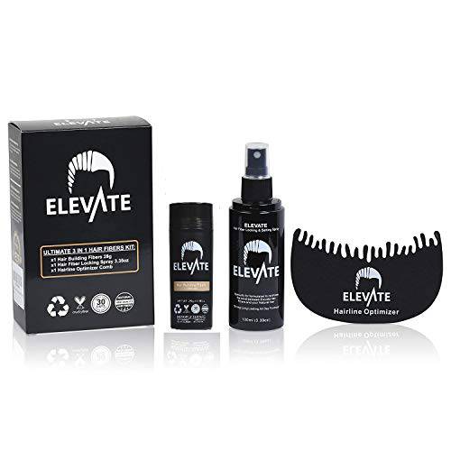 ELEVATE Hair Ultimate Perfecting 3-in-1 Kit Set Includes Natural Hair Thickening Fibers | Locking & Setting Hold Hair Spray | Hairline Optimizer Comb | Instantly Conceal & Thicken Hair (Black)