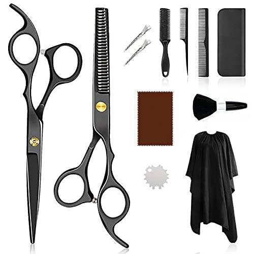 Hair Cutting Scissors Kit, 12 Pcs Professional Hairdressing Scissors Kit with Teflon Stainless Steel Thinning Scissors Comb Cape and Clips, Hair Cutting Shears Set for Salon, Home, Barber (Black)
