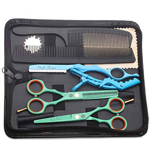 5.5 inch Purple Hair Cutting Scissors Set with Razor, Leather Scissors Case, Barber Hair Cutting Shears Hair Thinning/Texturizing Shears for Professional Hairdresser or Home Use (Blue)