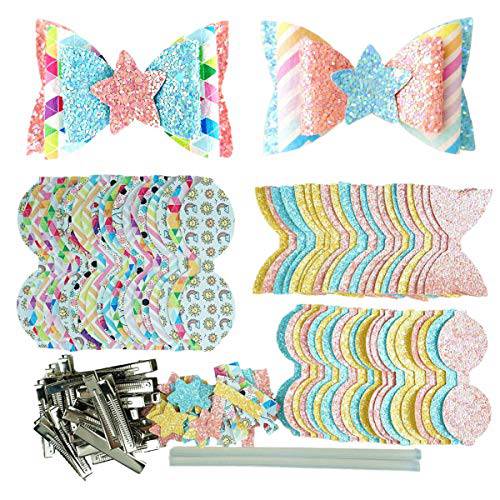 AOUXSEEM Faux Leather Hair Bows DIY Making Kit with Pre Cut Pieces and Hair Clips,Make Fashionable Shiny Hair Clips for Girls Lady Woman(Medium,Rainbow Style,20 Set)