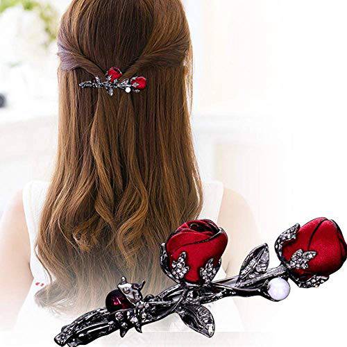 Vintage Crystal Rose Hair Clips ,Elegant Rhinestones Rose Flower Metal Hair Clips Hair Barrette Ponytail Holder Slide Clips Hair Jewelry for Wedding,Party,Birthday and Holiday Gifts (red-2PCS)