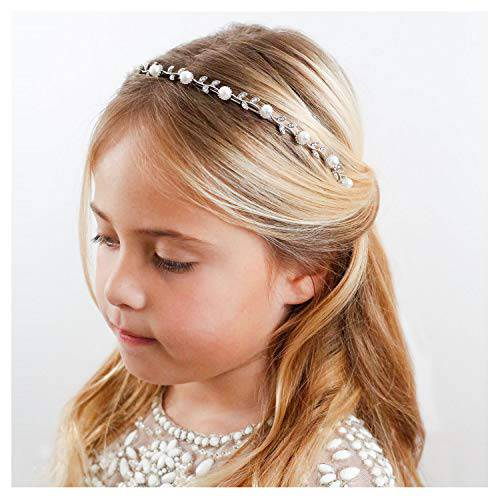SWEETV Flower Girl Headpiece Silver Pearl Girls Headband for Wedding Princess Hair Accessories for Birthday Party, First Communion