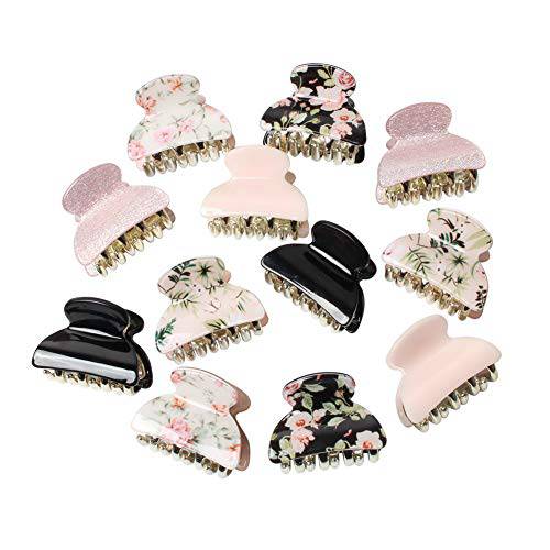 1.57 inch Floral Printed Small Acrylic Hair Claw Clips for Girls and Women,Plastic No-Slip Grip Jaw Hair Clip Hair Jaw Clamp ,Pack of 12 (Color A)