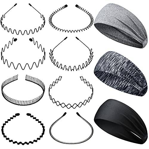 11 Pieces Metal Headband and Sports Headbands, Elastic Headbands Spring Wave Non Slip Hairband Unisex Hair Accessories for Men and Women Running Jogging Yoga Workout Supplies