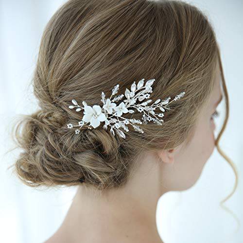 SWEETV Pearl Wedding Hair Clip Comb Barrette Flower Crystal Bridal Hair Accessories Silver Headpieces for Women Wedding