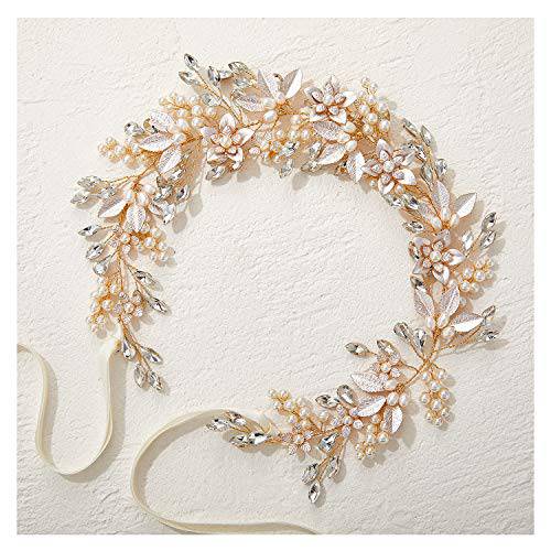 SWEETV Handmade Rhinestone Wedding Headband Flower-Leaf Bridal Headpieces for Wedding Pearl Hair Accessories (Gold)
