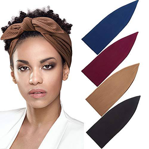 4 Pieces Ribbed Headband Ribbed Stretch Bandie Stretchy Hairband Soft Head Wrap Turban Headband Boho Hair Band for Women Girls Hair Accessories, 4 Colors (Black, Red, Sapphire Blue, Brown)