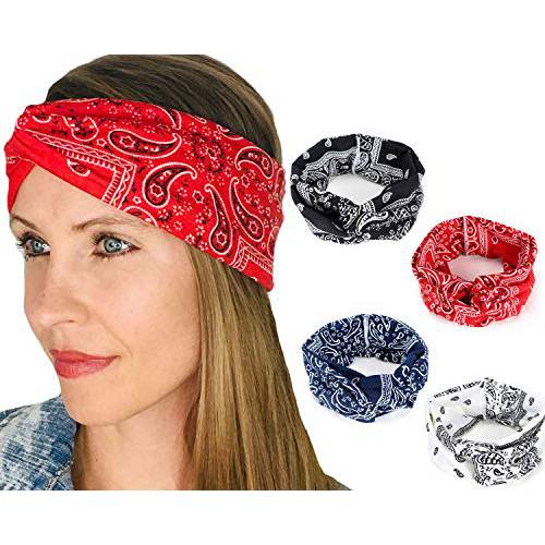 Shimmer Anna Shine 4 Pack Turban Twist Boho Style Headbands (Bandana Black, White, Navy, Red)