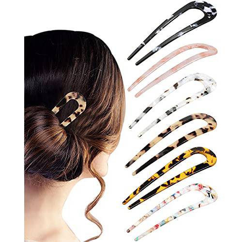 6 Pieces French Style Hair Pins U Shaped Hairpin Cellulose Acetate Tortoise Shell Hair Fork Sticks for Long Hair, 2 Prongs Leopard Updo Chignon Pin Hair Accessories for Women Girls (Colorful Patterns)