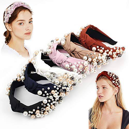 OAOLEER 6 Pack Pearl Headbands for Women with Vintage Elastic Knotted Wide Hair Bands