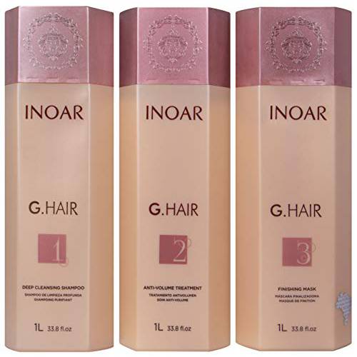 INOAR PROFESSIONAL - G-Hair Keratin Smoothing System with Deep Cleansing Shampoo, Anti-Volume Treatment & Finishing Mask (33.8 fl. oz.)
