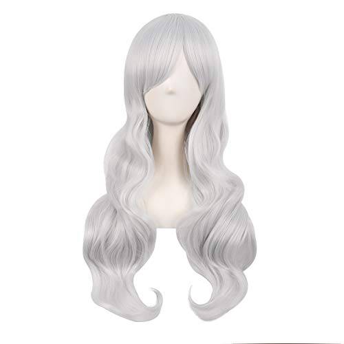 MapofBeauty 28 Inch/70cm Charming Women Side Bangs Long Curly Full Hair Synthetic Wig (Silver)