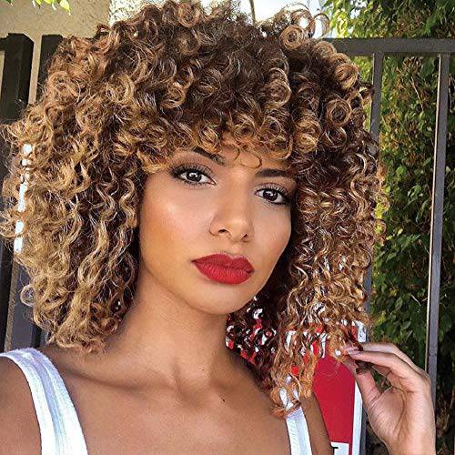 Curly Wigs for Black Women - Kinky Afro Curly Wig with Bangs 2 Tone Blonde Mixed Brown Color Synthetic Heat Resistant Full Wigs with 1 Wig Comb and 4pcs Wig Caps