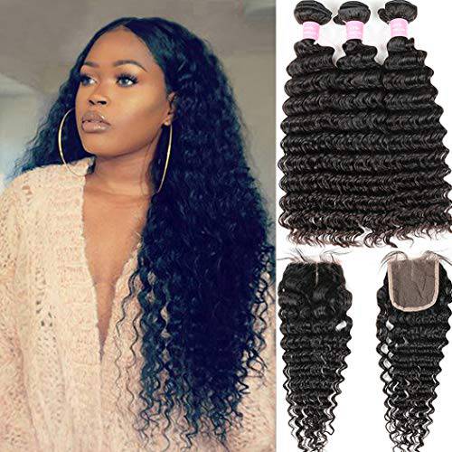 9A Brazilian Deep Wave Bundles with Middle Part Lace Closure 4×4 Lace Mixed Length Hair Bundles Natural Color for Black Women (28 28 28+20)