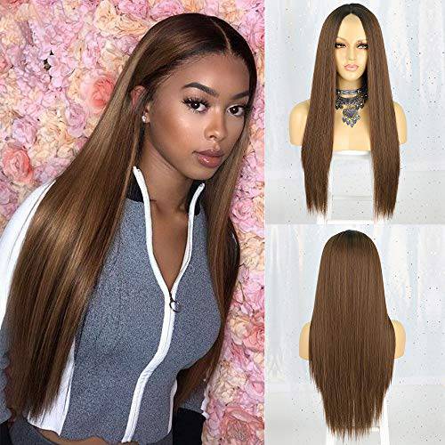 AISI QUEENS Long Brown Wigs for Women Straight Synthetic Middle Part Fully Wig Ombre Brown Heat Resistant Wig for Daily Party Use(30 Inches)