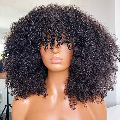 Afro Kinky Curly Wig With Bangs Full Machine Made Scalp Top Wig 200 Density Virgin Brazilian Short Curly Human Hair Wigs Natural Color 16 inch