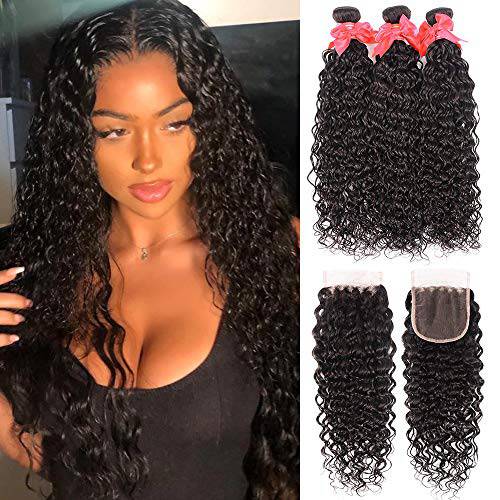 Water Wave 3 Bundles with Closure 8A Water Wave Unprocessed Bundles with Closure Wet and Wavy Human Hair Weave 3 Bundles with Closure (28 28 28+20, Natural Color)