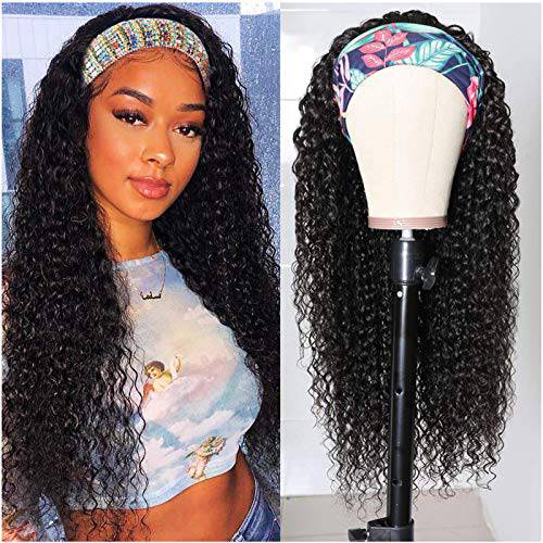 HELLOSH Headband Wigs for Black Women Curly Headband Wig Human Hair 28 inch None Lace Front Wigs 150% Density Brazilian Headband Half Wigs (28 inch, Curly Headband Wig)