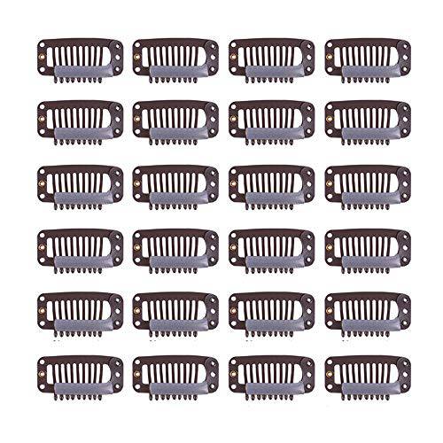 24 pcs/lot 32mm 9-teeth Hair Extension Clips Snap Comb Clips Metal Clips Wig Clips Hair Clips for Wigs Hair Extensions Hairpiece Wig Accessories Clips with Rubber Silicone Back (Dark Brown)