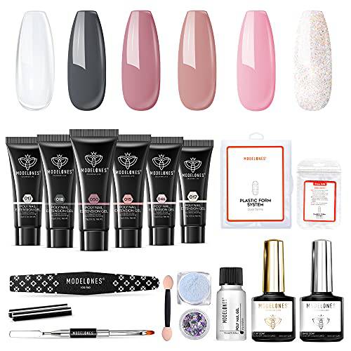 Modelones Poly Nail Gel Kit, 6 Colors Nude Poly Extension Gel Nail Kit Nail Art Design All In One Nail Kit Nail Manicure Starter Kit DIY at Home