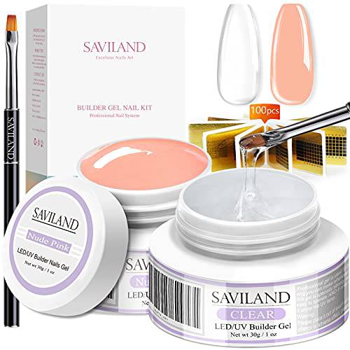 Saviland Builder Nail Gel Kit - 2pcs 30g Clear & Nudes Nail Extension Gel Set Nail Strengthen Nail Art Manicure Set with 100PCS Nail Forms and Acrylic Nail Brush for Beginners