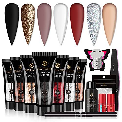 Saviland Poly Gel Nail Kit - 7 Colors Glitter Poly Gel Nail Extension Nail Kit with Slip Solution Christmas Nail Art Builder Nail Gel All-In-One Poly Nail Gel Kit for Nail Manicure Beginner Starter Kit DIY at Home