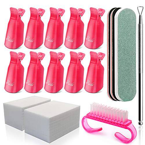 Gel Polish Remover Kit, 10 Pieces Nail Polish Remover Clips for Polygel or Dip Nail with Lint Free Nail Wipes, Nail Files and Buffer Block, Stainless Steel Cuticle Pusher, Nail Brush for Cleaning