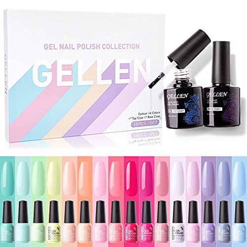 Gellen Gel Nail Polish Kit - 16 Colors Gel Polish Set with Top&Base Coats, Trendy Rainbow Pastel Nail Gel Polish Home Gel Manicre Kit