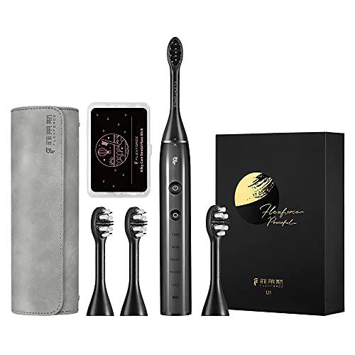 Flexforce Electric Toothbrush, Rechargeable, Rotating Toothbrush, Soft Bristles, 360° Teeth Cleaning, Gum Protection, 5 Modes, with 4 Replacement Heads, Floss and Carrying Case Set, U1, Black