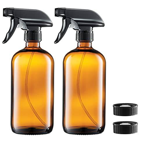 Amber Glass Spray Bottles - 16-Ounce (2-Pack) Refillable Glass Sprayer Container with Durable Leakproof Trigger Sprayer with Mist/Stream/Lock for Cleaning Products, Essential Oils, Aromatherapy, Water