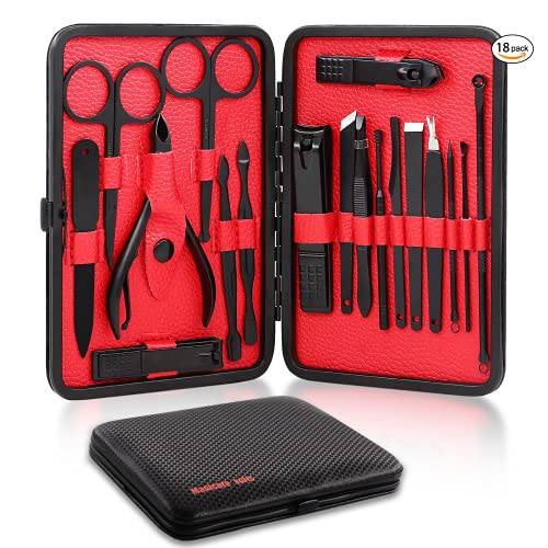 Manicure set, manicure set for men and women- premium stainless steel, Nail Scissors Nail File Ear Pick Tweezers Nose Hair Scissors with Black Leather Travel Case SET 18P (Black)