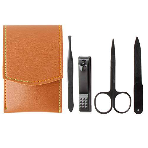CosySun Nail Clipper Set for Men Women Stainless Steel Nail Cutter Travel Pedicure Kit Fingernail Clipper Nail File Sharp Tweezers Manicure Scissors with Portable Leather Case Set of 4(Black)