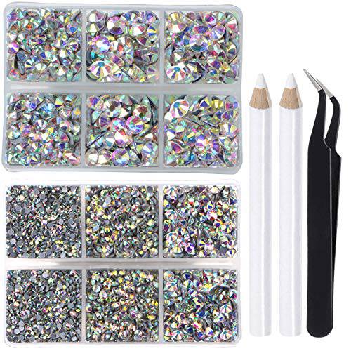 LPBeads 6400 Pieces Hotfix Rhinestones Clear AB Flat Back 5 Mixed Sizes Crystal Round Glass Gems with Tweezers and Picking Rhinestones Pen