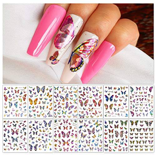 B.M.B.L Butterfly Nail Art Stickers Decals Adhesive, New Holographic Designer Nail Stickers for Nail Art(12 Sheets)
