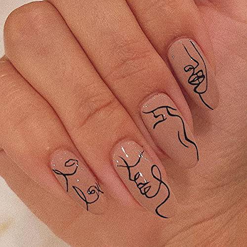 Nude Graffiti Press on Nails with Designs,Acrylic Nails Press on,Stick on Nails for Women,Artificial Glue on Nails,Short Oval Fake Nails for Nails Art Decoration for Girls,24PCS