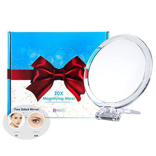 20X Magnifying Mirror, 6 Inch, Two Sided Hand Mirror, 20X/1X Magnification, Folding Makeup Mirror with Handheld/Stand, Use for Makeup Application, Tweezing, and Blackhead/Blemish Removal.