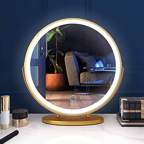Vlsrka 20 inch Makeup Mirror Vanity Mirror with Lights, 3 Color Lighting Modes, Touch Control Desk Mirror, 360° Rotatable, High-Definition Large Round Lighted Up Cosmetic Mirror, Yellow