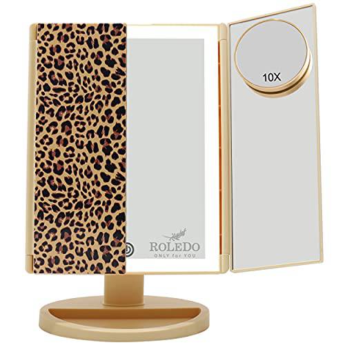 RoLeDo Makeup Mirror with Lights, 2X/5X Magnification, 72 LED Trifold Vanity Mirror, 3 Color Lighting, Portable Lighted Make Up Mirror, Dual Power, Gifts for Women, Birthday Gifts Girls, Animal Print