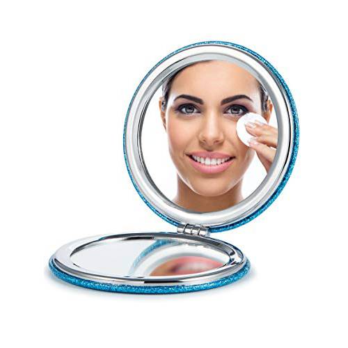 OMIRO Compact Mirror, Round PU 1X/3X Magnification, Ultra-Portable for Purses and Travel,Blue