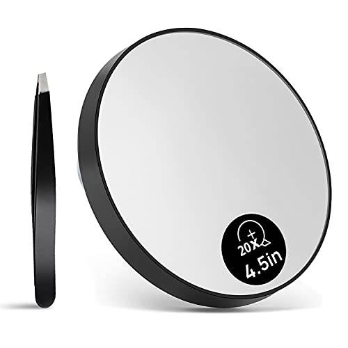 OMIRO 20X Magnifying Mirror and Eyebrow Tweezers Kit, 4.5 Three Suction Cups Magnifier Travel Set